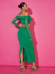 SHEIN BAE Off Shoulder Wrap Front Crop Top & Split Back Pencil Skirt - Green - View 2