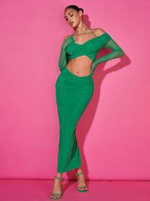 SHEIN BAE Off Shoulder Wrap Front Crop Top & Split Back Pencil Skirt - Green - View 3