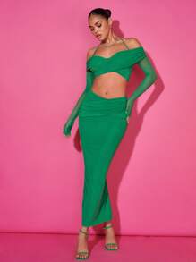SHEIN BAE Off Shoulder Wrap Front Crop Top & Split Back Pencil Skirt - Green - View 5