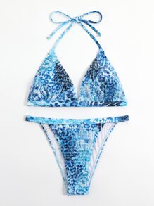 豹紋彈性三角型夏季沙灘比基尼套裝 - 藍色 - 查看 1