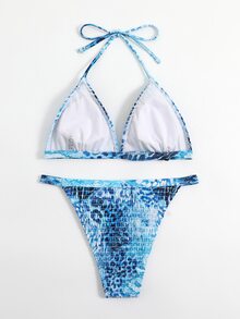 豹紋彈性三角型夏季沙灘比基尼套裝 - 藍色 - 查看 3