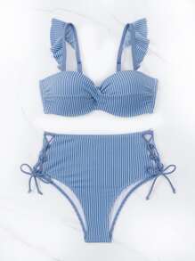 SHEIN Swim 夏季海灘荷葉邊系帶比基尼套裝 - 藍白色 - 查看 4