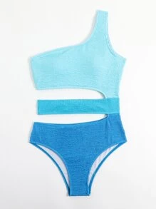 Two Tone Cut Out One Shoulder One Piece Swimsuit - Blue - View 3