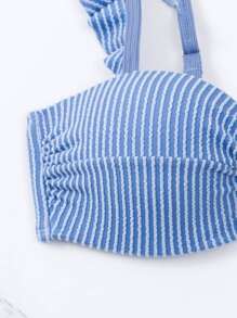 SHEIN Swim 夏季海灘荷葉邊系帶比基尼套裝 - 藍白色 - 查看 5