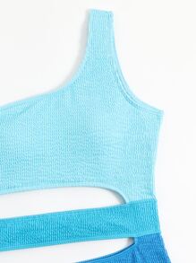 Two Tone Cut Out One Shoulder One Piece Swimsuit - Blue - View 5