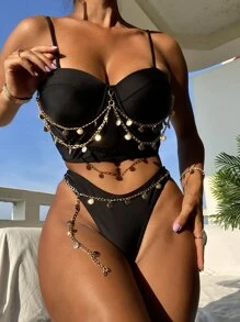 Chain Linked Push Up Bikini Set Summer Beach - Black - View 1