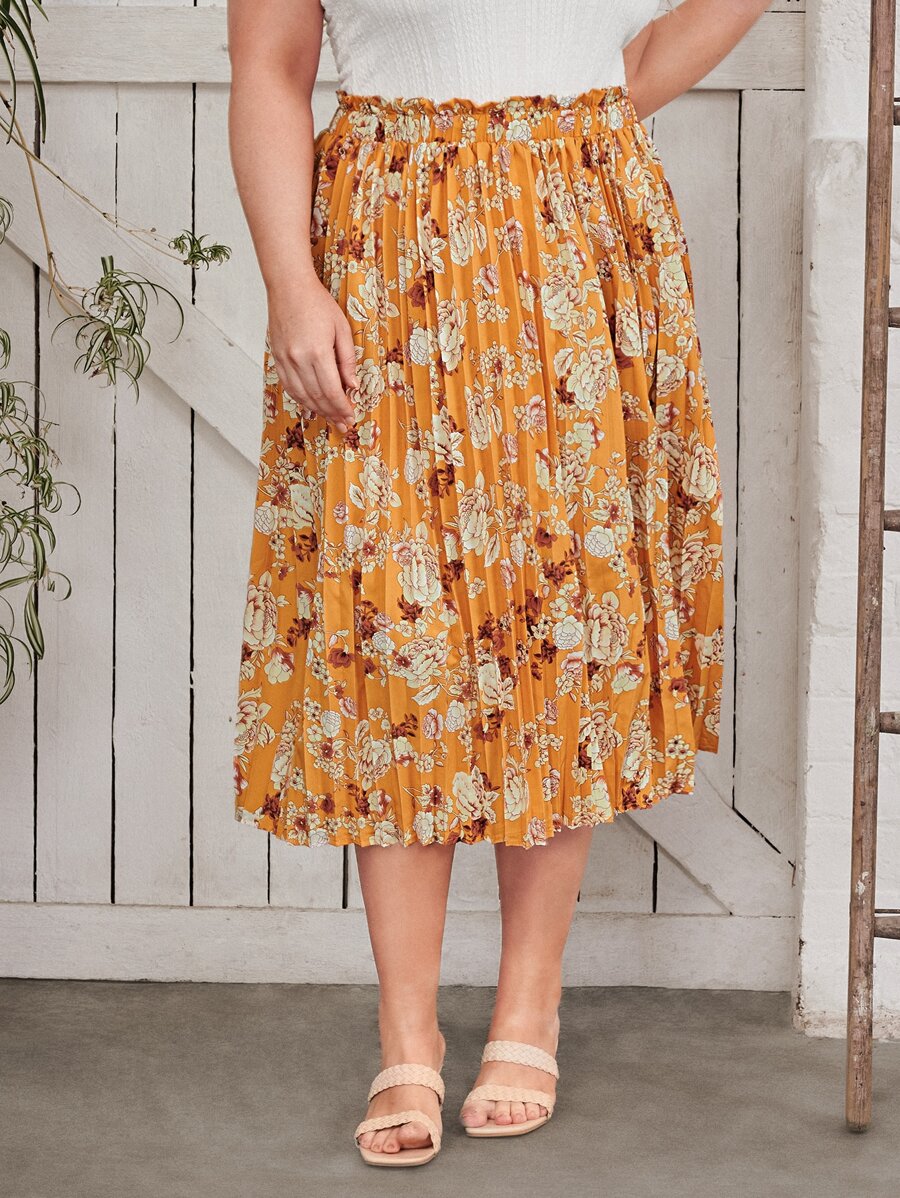 SHEIN Clasi Plus Floral Print Pleated Skirt - Multicolor - View 1