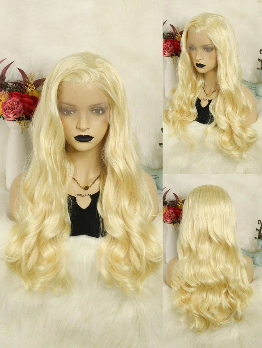13 X 2 Synthetic Long Body Wave Platinum Blonde Lace Front Wig For Women With Wig Cap - Brown - View 1