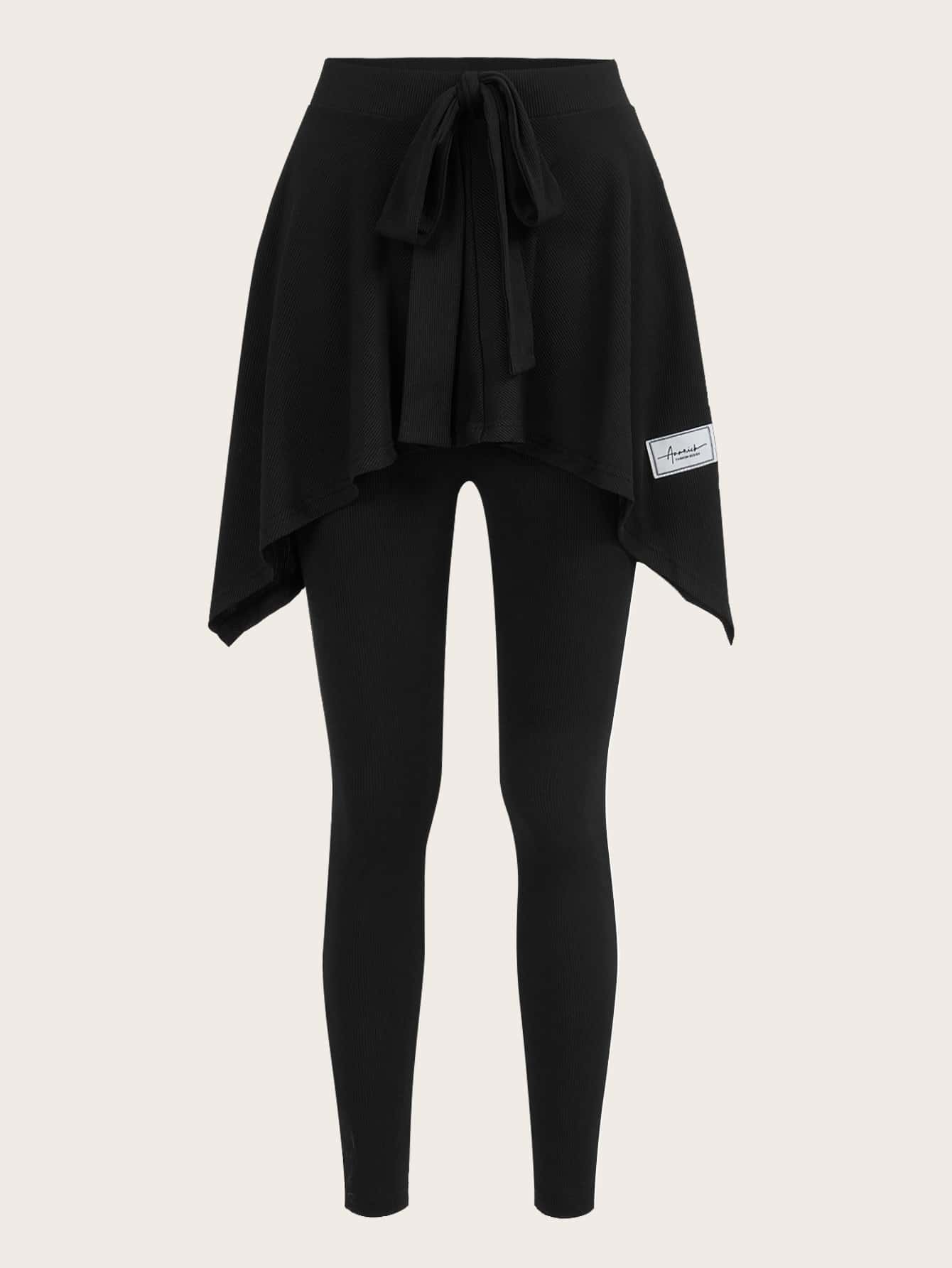 Seusyu Tie Front Asymmetrical Hem Leggings Fall Cloth For Women - Black - View 1