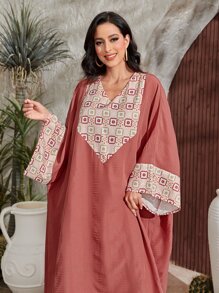 Al Najma 幾何印花蝙蝠袖土耳其長袍 - 乾枯玫瑰色 - 查看 5