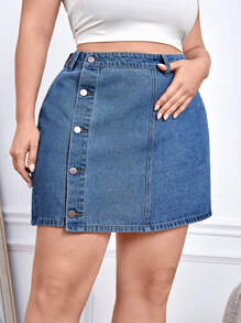 EMERY ROSE 大碼高腰前紐扣牛仔半身裙 - 深色水洗藍 - 查看 1