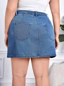 EMERY ROSE 大碼高腰前紐扣牛仔半身裙 - 深色水洗藍 - 查看 2