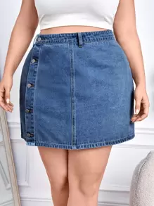 EMERY ROSE 大碼高腰前紐扣牛仔半身裙 - 深色水洗藍 - 查看 6