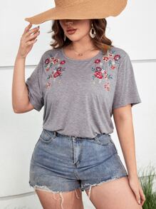 SHEIN LUNE 大碼花卉刺繡T恤 - 灰色 - 查看 1