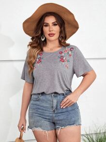SHEIN LUNE 大碼花卉刺繡T恤 - 灰色 - 查看 3