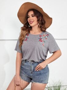 SHEIN LUNE 大碼花卉刺繡T恤 - 灰色 - 查看 5
