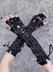 1pair Lolita Style Jacquard Fingerless Gloves With Ribbon Ties - Black - View 1