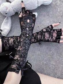 1pair Lolita Style Jacquard Fingerless Gloves With Ribbon Ties - Black - View 2