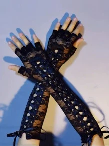 1pair Lolita Style Jacquard Fingerless Gloves With Ribbon Ties - Black - View 5
