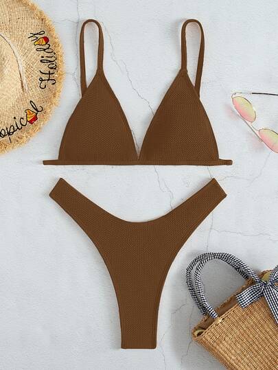 Ensemble de bikini d'été uni en forme de triangle avec coupe haute pour la plage