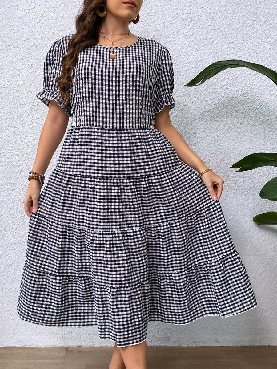 SHEIN VCAY Vestido con estampado de guingán de manga farol bajo con fruncido - Blanco y Negro - Ver 1