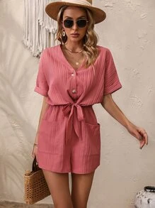 SHEIN Holidaya Batwing Sleeve Knot Front Romper - Pink - View 5