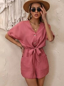 SHEIN Holidaya Batwing Sleeve Knot Front Romper - Pink - View 6