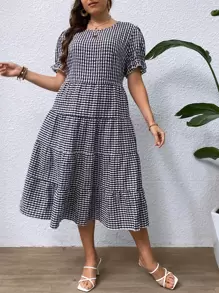 SHEIN VCAY Vestido con estampado de guingán de manga farol bajo con fruncido - Blanco y Negro - Ver 4