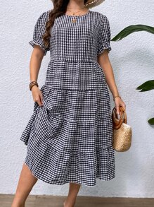 SHEIN VCAY Vestido con estampado de guingán de manga farol bajo con fruncido - Blanco y Negro - Ver 6