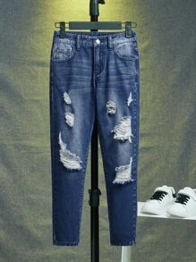 SHEIN Boys Ripped Frayed Straight Leg Jeans - Dark Wash - View 3