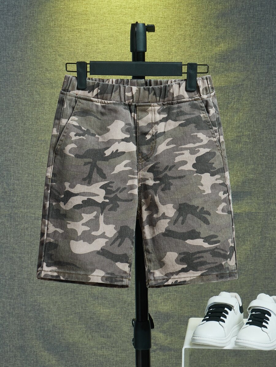 SHEIN 青少年男孩迷彩印花牛仔短褲