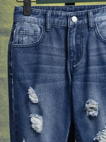 SHEIN Boys Ripped Frayed Straight Leg Jeans - Dark Wash - View 4