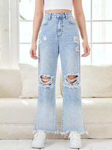 SHEIN Teen Girls Ripped Raw Hem Jeans - Light Wash - View 1