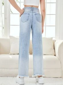 SHEIN Teen Girls Ripped Raw Hem Jeans - Light Wash - View 2