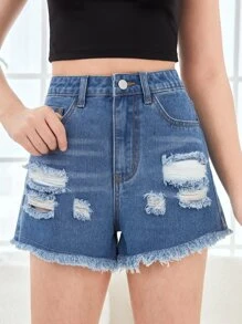 SHEIN Teen Girls Ripped Raw Hem Slant Pocket Denim Shorts - Dark Wash - View 1