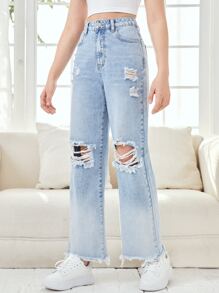 SHEIN Teen Girls Ripped Raw Hem Jeans - Light Wash - View 5