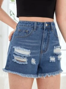 SHEIN Teen Girls Ripped Raw Hem Slant Pocket Denim Shorts - Dark Wash - View 3