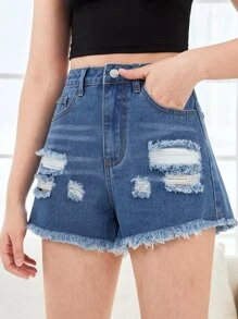 SHEIN Teen Girls Ripped Raw Hem Slant Pocket Denim Shorts - Dark Wash - View 4