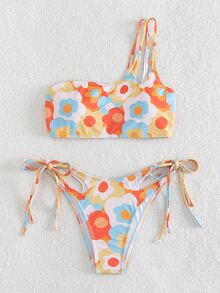 花卉印花單肩綁側夏日沙灘比基尼套裝 - 彩色 - 查看 6