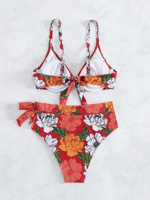 花卉印花打結前扣推進式夏季海灘比基尼套裝 - 彩色 - 查看 3