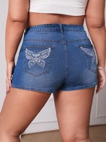 SHEIN Plus Butterfly Embroidery Denim Shorts - Dark Wash - View 1