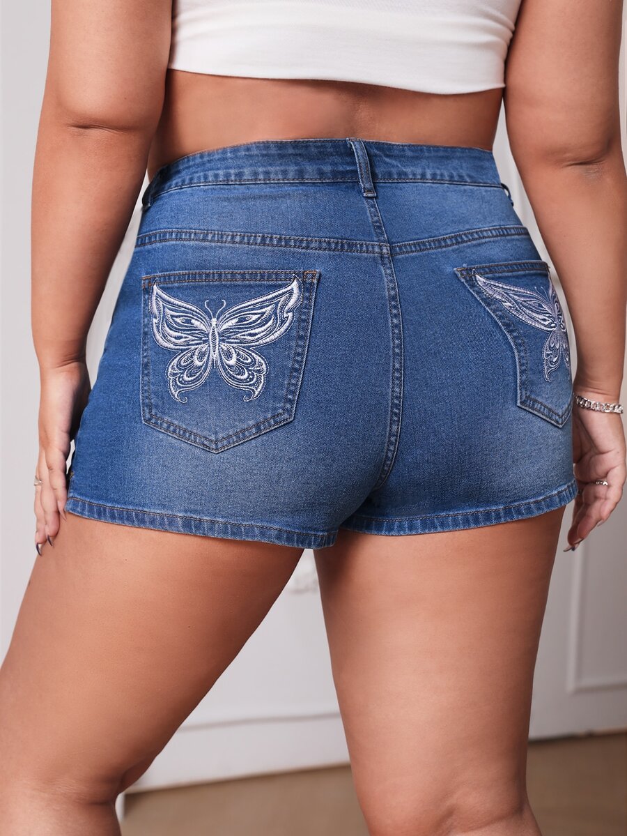 SHEIN Plus Butterfly Embroidery Denim Shorts - Dark Wash - View 1