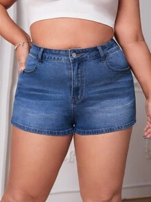 SHEIN Plus Butterfly Embroidery Denim Shorts - Dark Wash - View 2