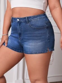 SHEIN Plus Butterfly Embroidery Denim Shorts - Dark Wash - View 4