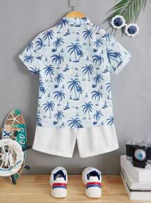 SHEIN Toddler Boys Coconut Tree Print Shirt & Shorts - Multicolor - View 2