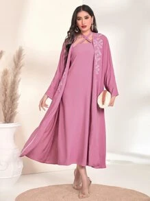 Al Najma 1入組植物刺繡開門襟阿拉伯罩袍帶掛脖洋裝 - 粉色 - 查看 6