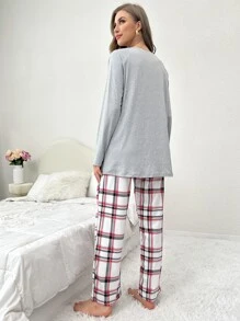 Maternity Raglan Sleeve Tee & Plaid Adjustable Waist Trousers Lounge Set - Multicolor - View 2