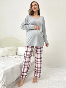 Maternity Raglan Sleeve Tee & Plaid Adjustable Waist Trousers Lounge Set - Multicolor - View 6