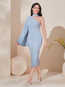 SHEIN Privé Choker Neck One Shoulder Split Bell Sleeve Dress Without Belt - Baby Blue - View 4