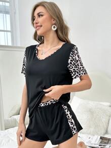 Conjunto lounge shorts con camiseta con estampado de leopardo - Negro - Ver 6